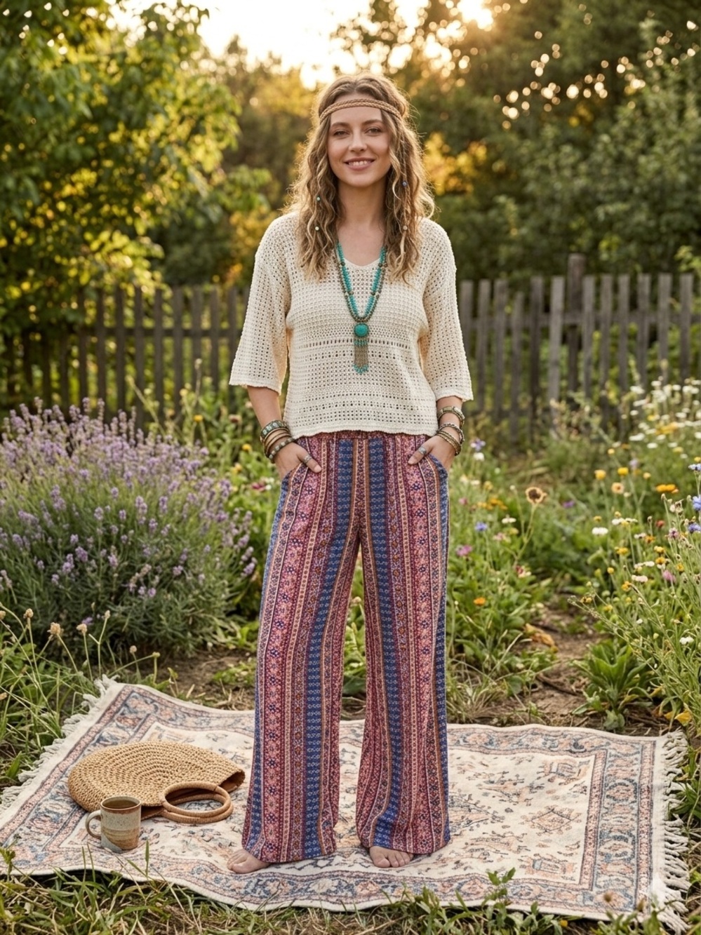 Three Dots Striped Wide-Leg Pants in Cream, Blue & Pink